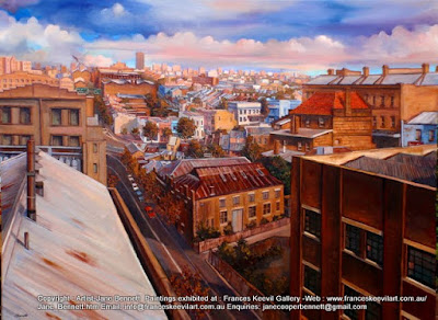 Plein air oil painting  of Union Square Pyrmont and Pyrmont Street from the roof of the Pyrmont Power Station painted by industrial heritage artist Jane Bennett